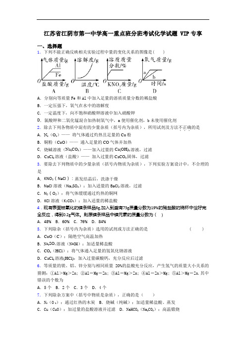 江苏省江阴市第一中学高一重点班分班考试化学试题 VIP专享