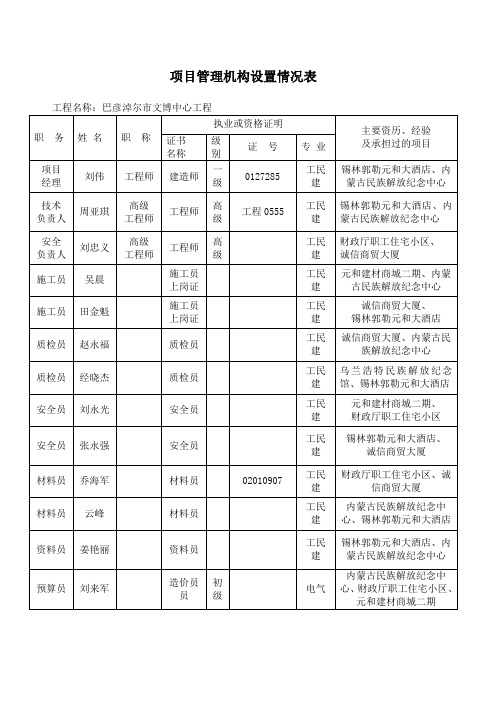 项目机构配备情况表