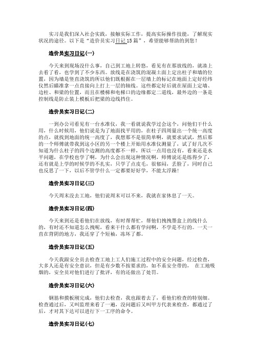 最新 造价员实习日记15篇-精品