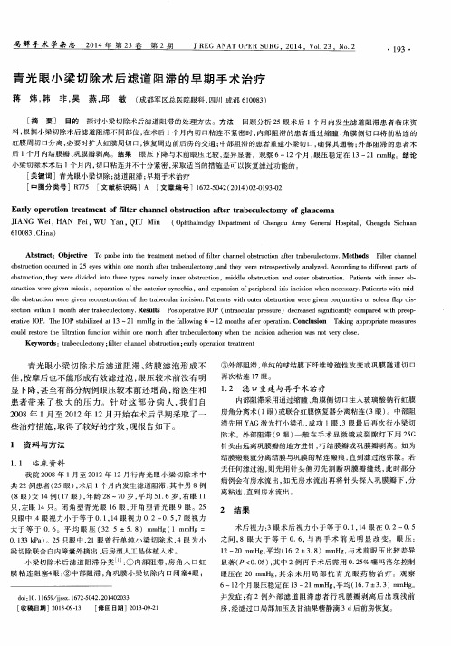 青光眼小梁切除术后滤道阻滞的早期手术治疗