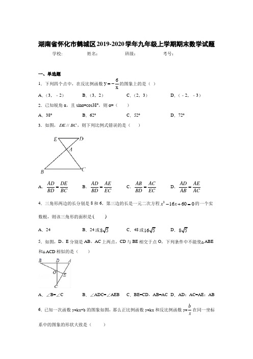 湖南省怀化市鹤城区2020届九年级上学期期末数学试卷
