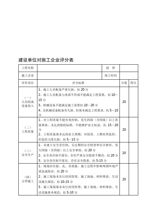建设单位对工程施工企业评价表