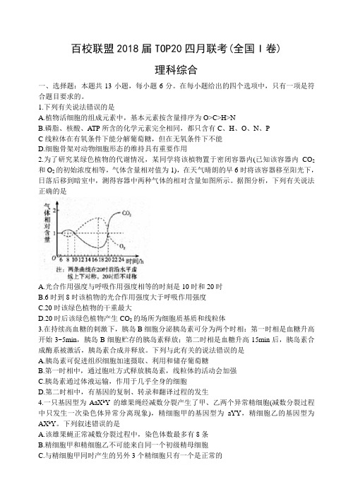 百校联盟2018届TOP20四月联考全国I卷理综生物word