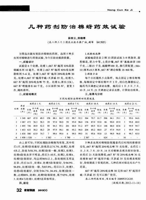几种药剂防治棉蚜药效试验