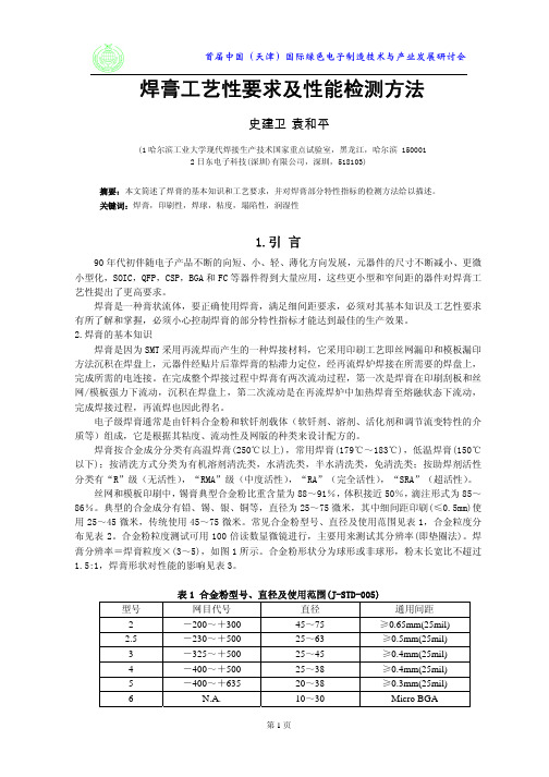 焊膏工艺性要求及性能检测方法
