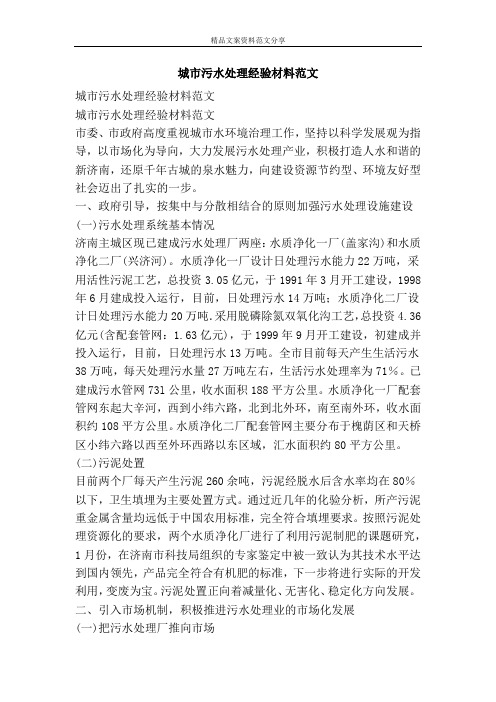 城市污水处理经验材料范文-精品文案范文