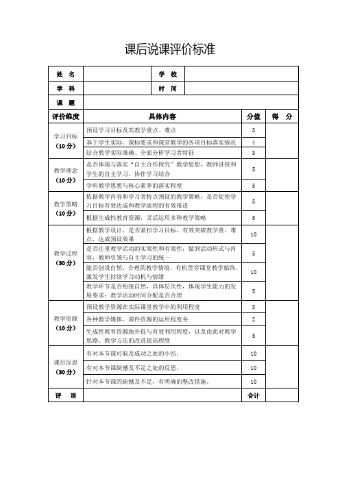 中小学教师课后说课评价标准表