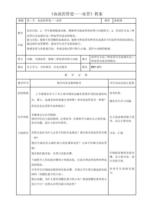 生物人教版七年级下册血流的管道——血管教案