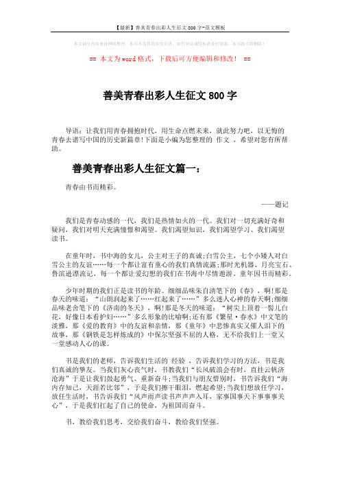 【最新】善美青春出彩人生征文800字-范文模板 (4页)
