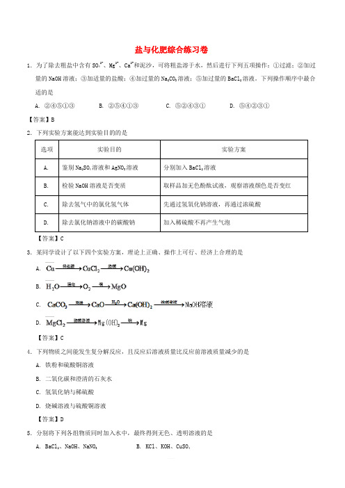 2018年中考化学重要考点 盐与化肥综合练习卷(含答案)