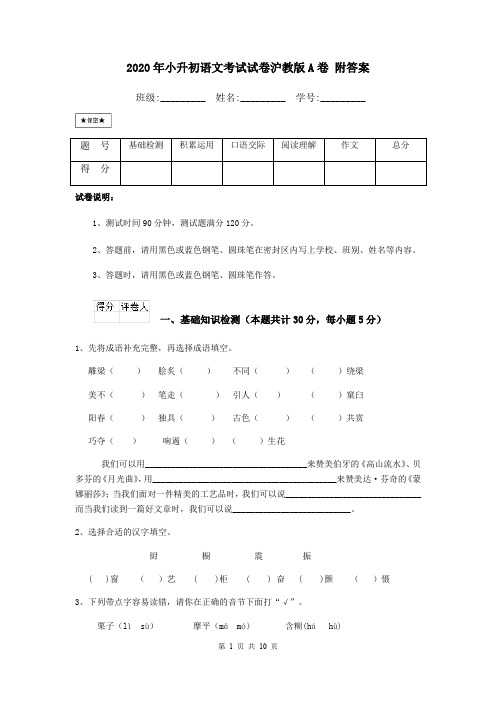 2020年小升初语文考试试卷沪教版A卷 附答案