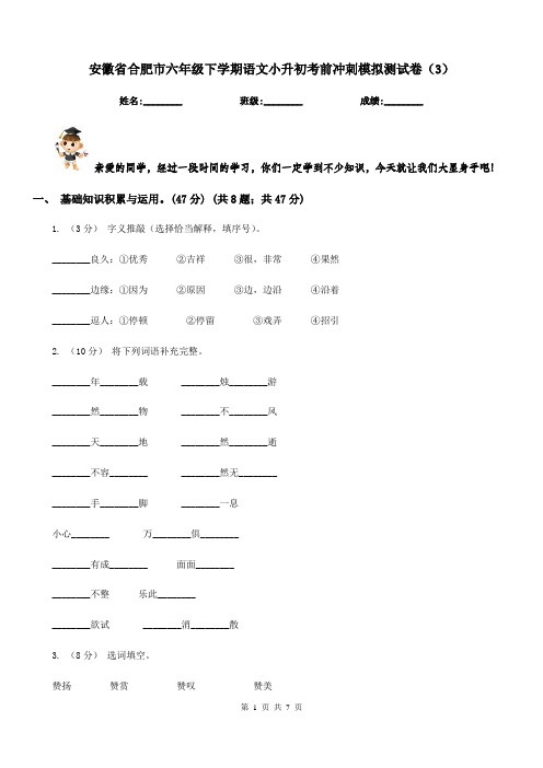 安徽省合肥市六年级下学期语文小升初考前冲刺模拟测试卷(3)