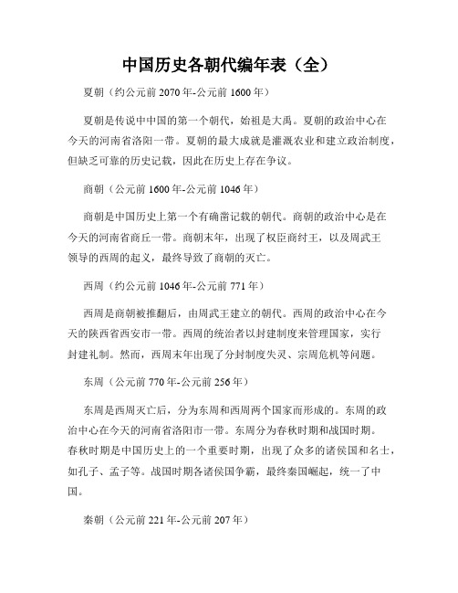 中国历史各朝代编年表(全)
