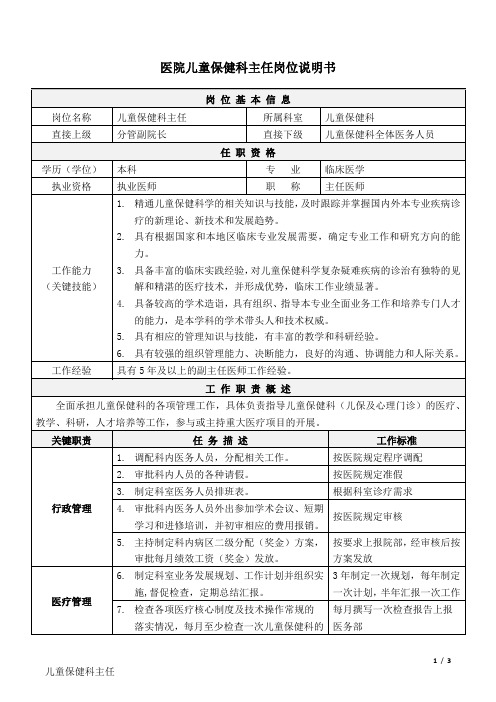 1医院儿童保健科-主任-岗位说明书