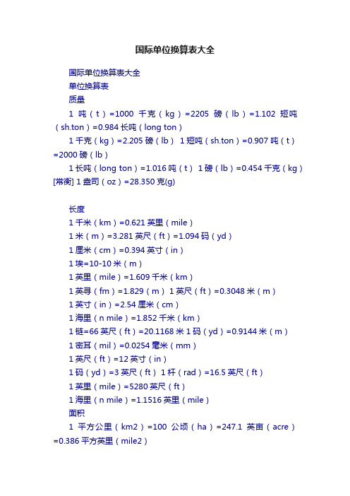国际单位换算表大全
