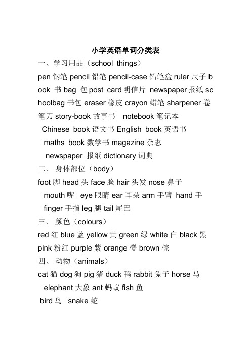 人教版小学英语单词分类