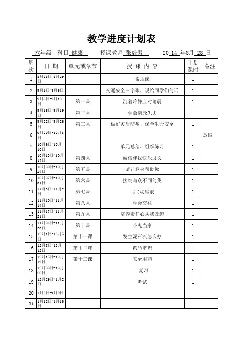 六年级健康教育教学进度、计划表