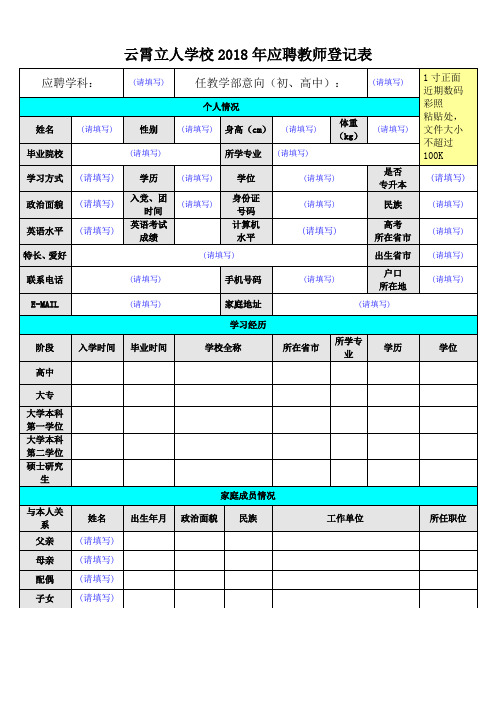 云霄立人学校2018年应聘教师登记表