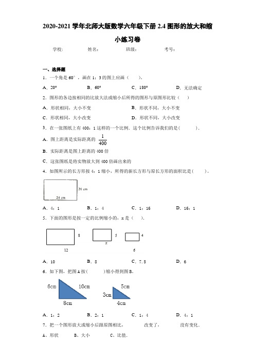 2020-2021学年北师大版数学六年级下册2.4图形的放大和缩小练习卷 (2)