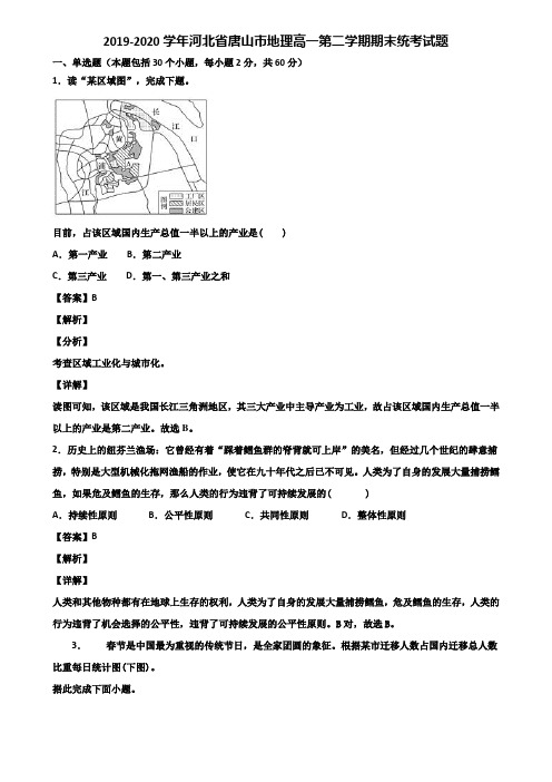 2019-2020学年河北省唐山市地理高一第二学期期末统考试题含解析