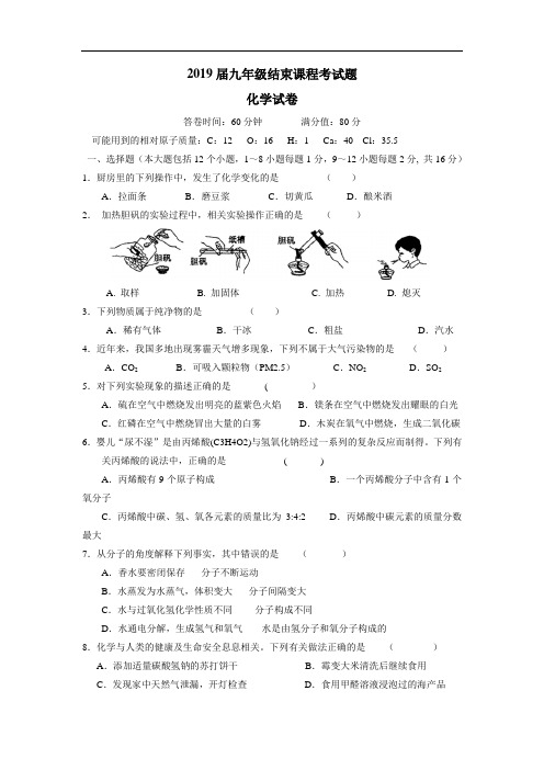 学2019届九年级下学期结束课程考试化学试题(附答案)