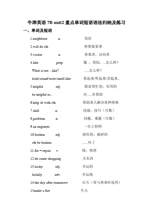 牛津英语7B unit2重点单词短语语法归纳及练习