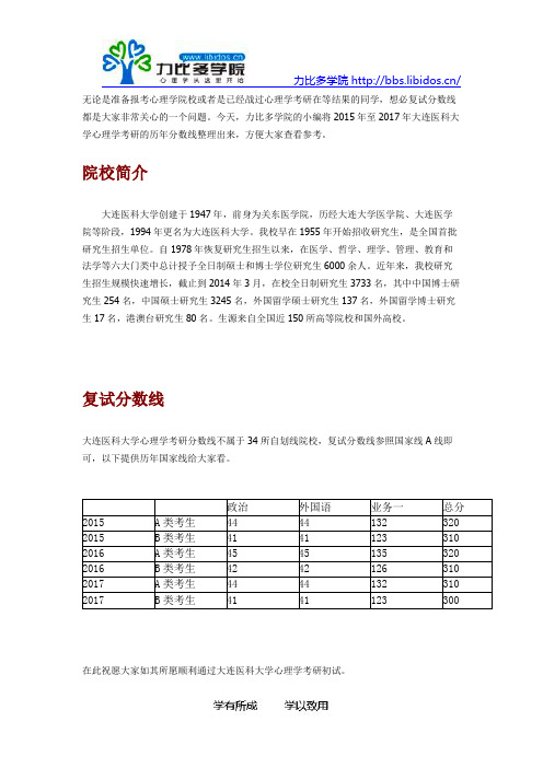 2015-2017大连医科大学心理学考研历年复试分数线