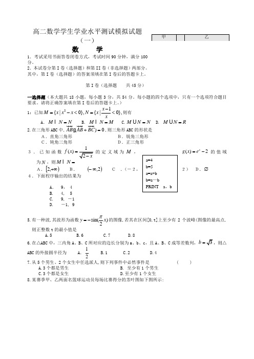 高二数学学生学业水平测试模拟试题