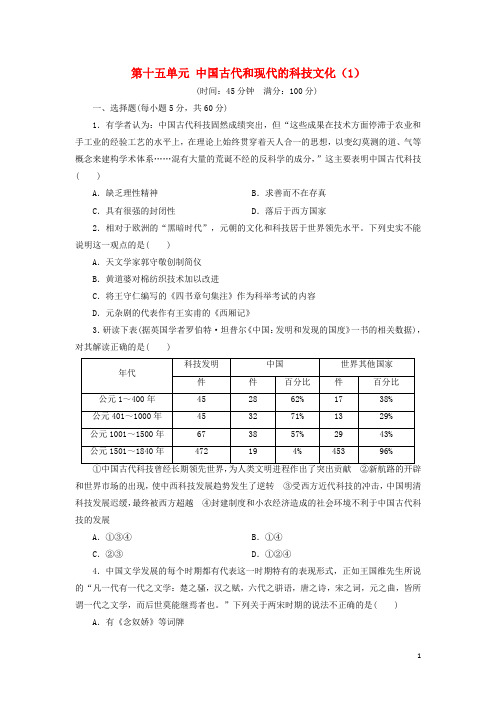 2017届高考历史总复习第十五单元中国古代和现代的科技文化(1)