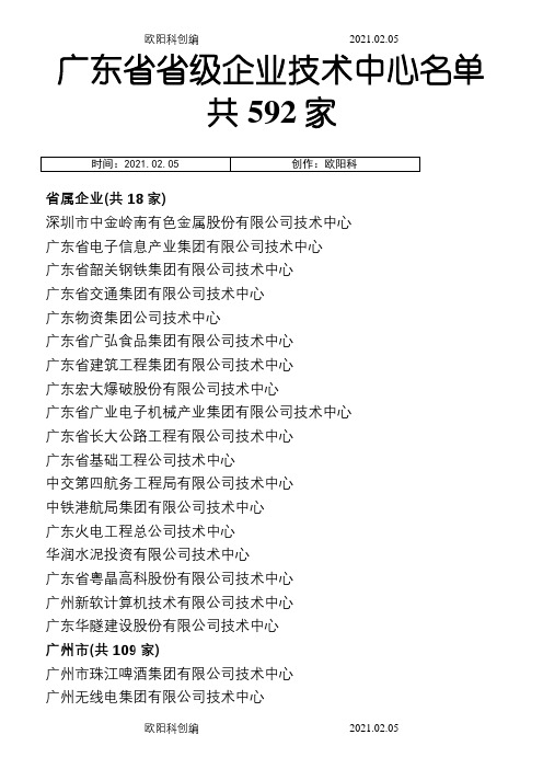 广东省省级企业技术中心名单(截止14批)之欧阳科创编