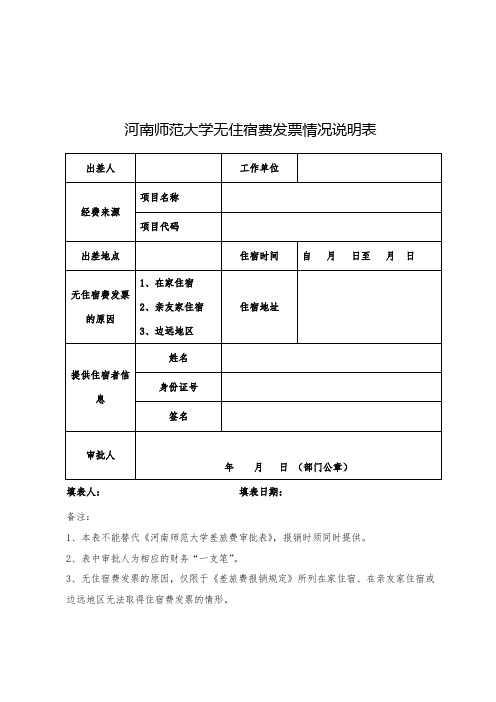 河南师范大学无住宿费发票情况说明表