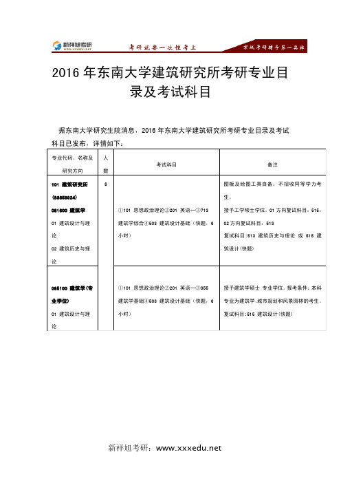 2016年东南大学建筑研究所考研专业目录及考试科目-新祥旭考研辅导
