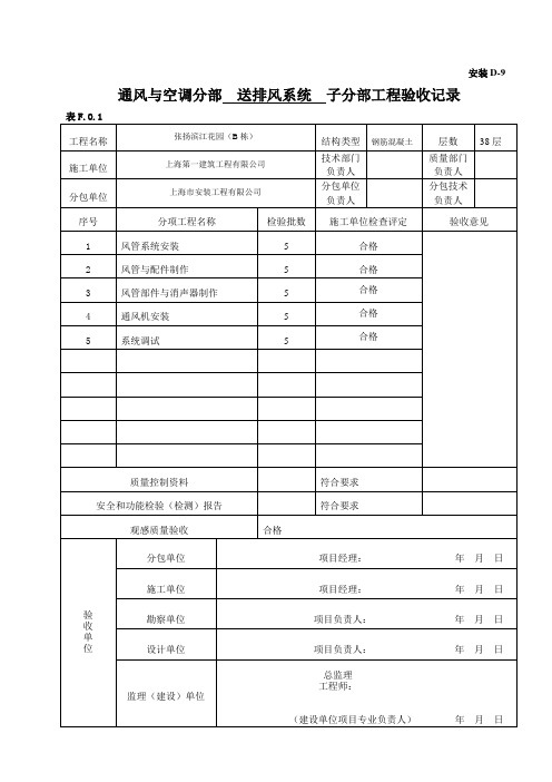 通风与空调分部工程工程验收记录D-9