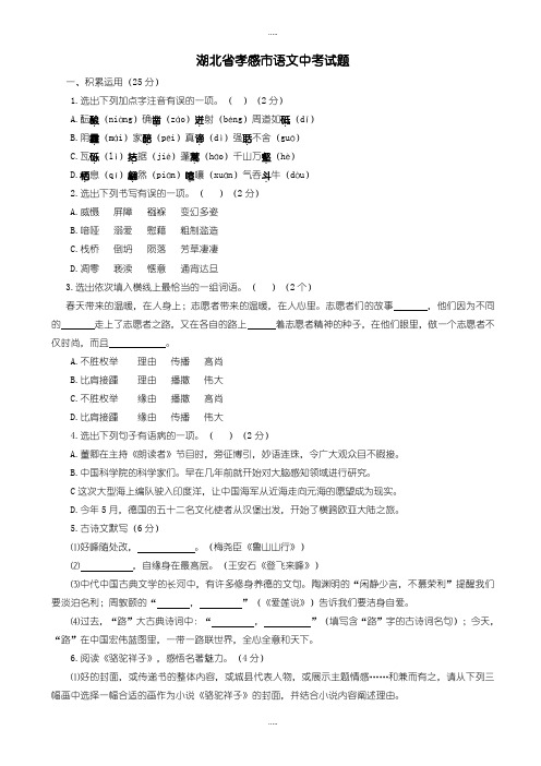 最新湖北省孝感市语文中考试题(有配套答案)