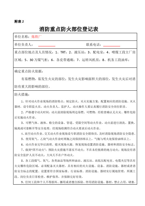 消防重点防火部位登记表(样表)