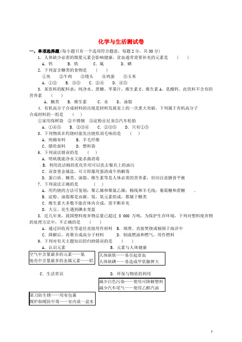 中考化学专项复习测试卷：化学与生活测试卷(含解析)