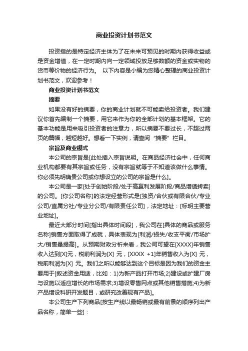 商业投资计划书范文