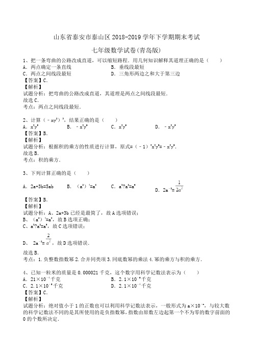 山东省泰安市泰山区2018-2019学年七年级下学期期末考试数学试卷(青岛版)Word版含解析