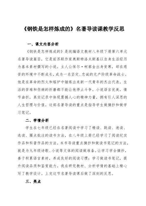 《钢铁是怎样炼成的》名著导读课教学反思