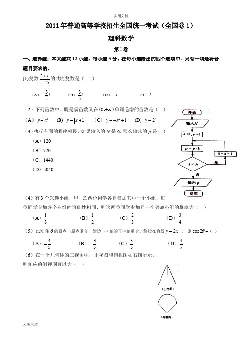 2011年高考理科数学精彩试题及问题详解-全国卷1
