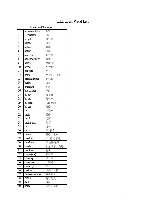 英语PET词汇话题词汇-Topic Word List