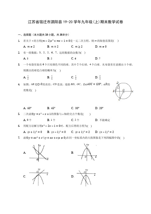 江苏省宿迁市泗阳县19-20学年九年级(上)期末数学试卷 (含答案解析)
