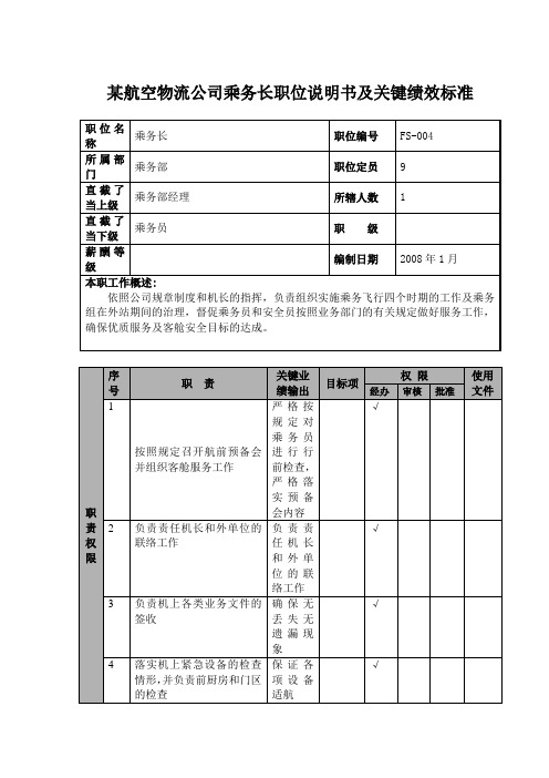 某航空物流公司乘务长职位说明书及关键绩效标准