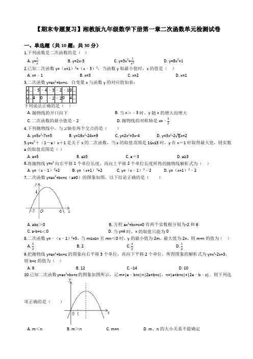 【精品试卷】(期末复习)湘教版九年级下《第一章二次函数》单元试卷有答案