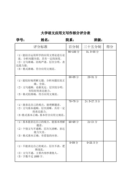 大学语文应用文写作评分表