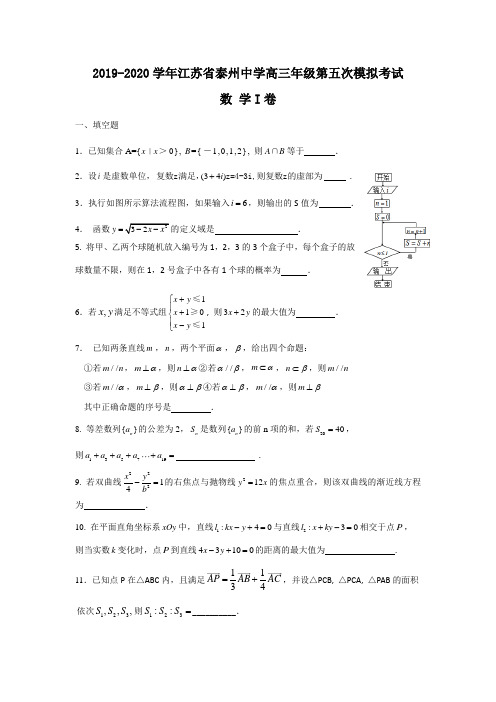 2019-2020江苏省泰州中学第五次模拟数学试卷
