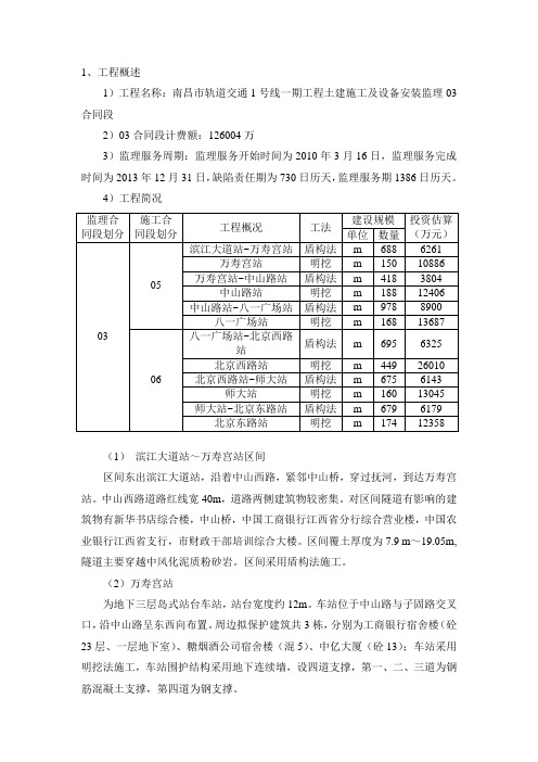 南昌市轨道交通1号线一期工程土建施工及设备安装监理