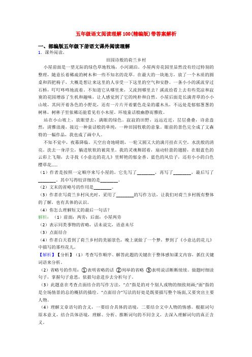 五年级语文阅读理解100(精编版)带答案解析
