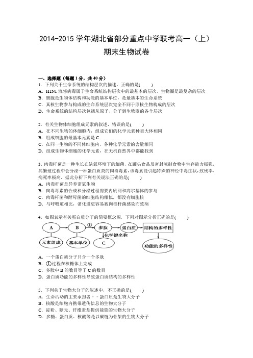 【KS5U解析】湖北省部分重点中学联考2014-2015学年高一上学期期末考试生物试卷 Word版含解析