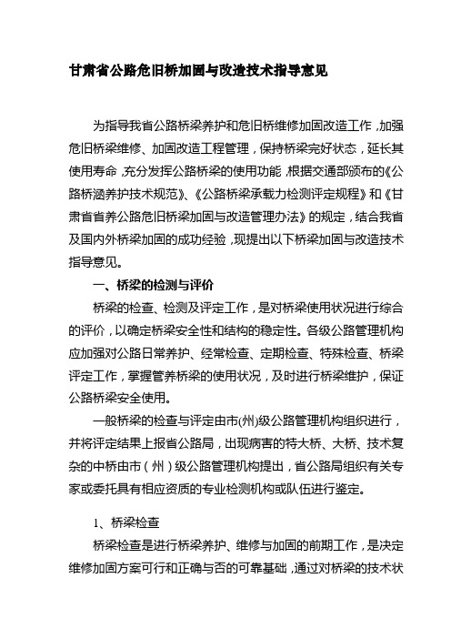 甘肃省公路危旧桥加固与改造技术指导意见